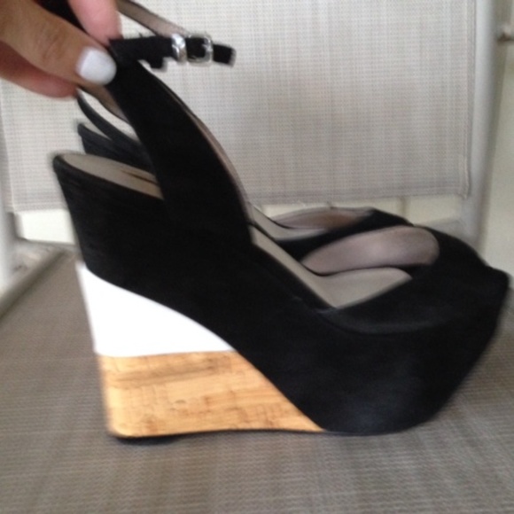 ZARA Black Suede White Cork Platform Wedge Heels - Picture 2 of 9